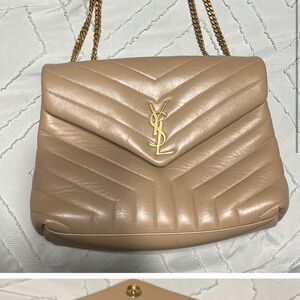 Yves Saint Laurent Tan Shoulder Bag with Chevron Quilting and Gold Hardware